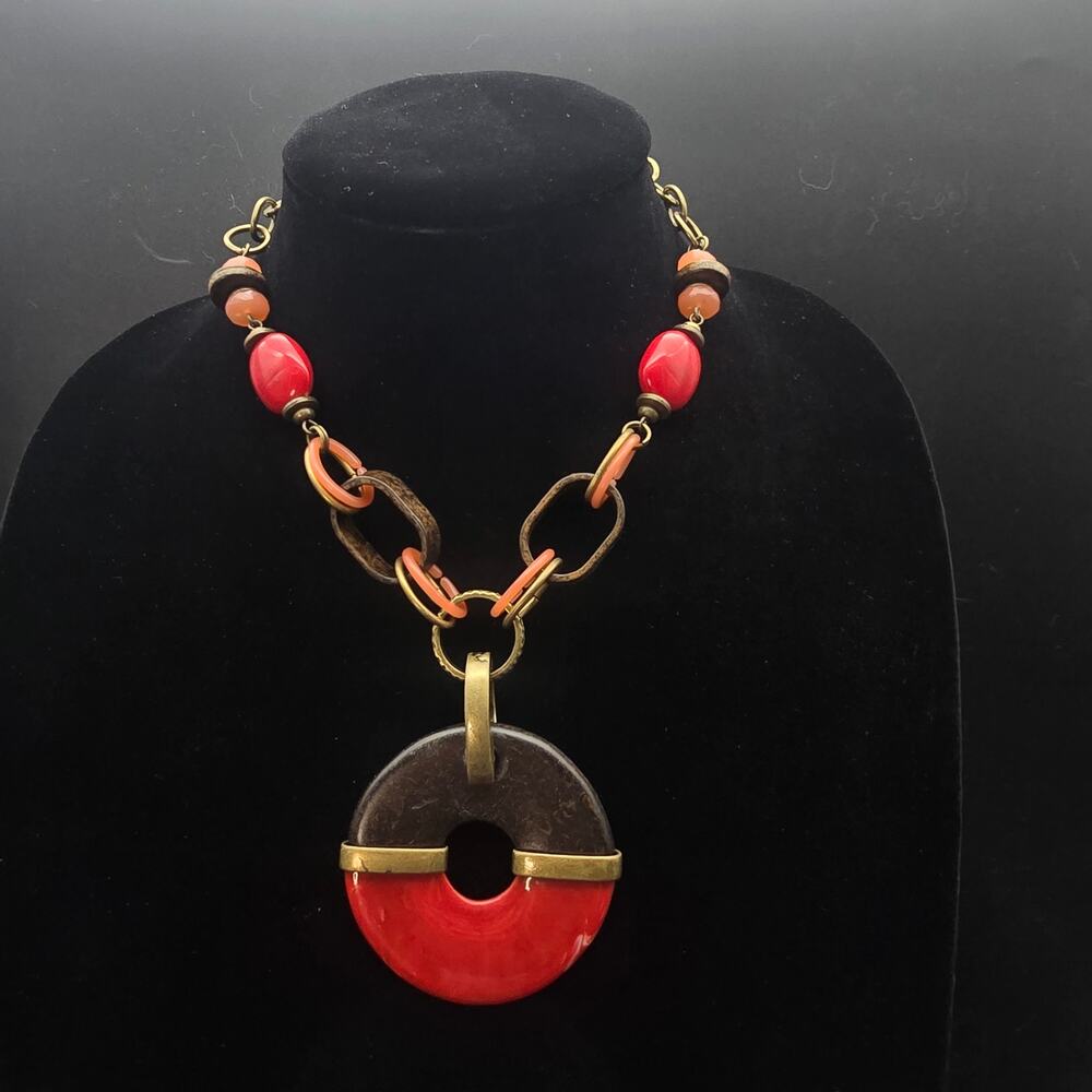 Premier Designs Piper Necklace Red Wood Tone Layered Chain